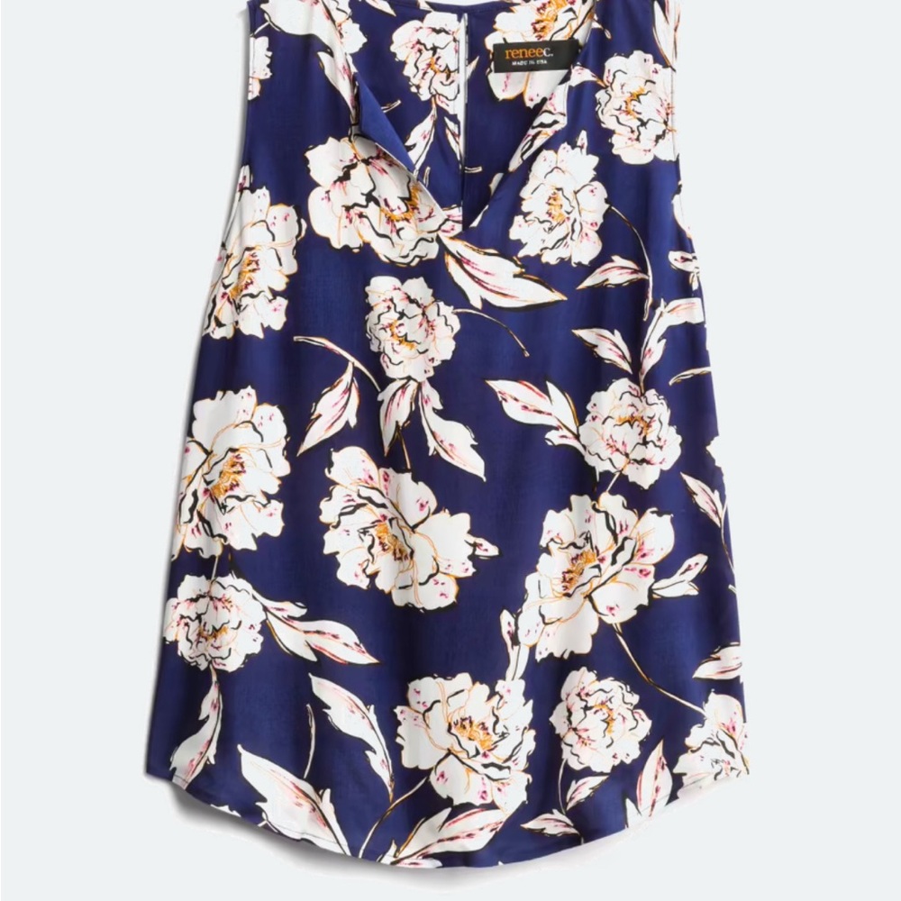 Renee C Floral Navy Sleeveless Split Neck Top